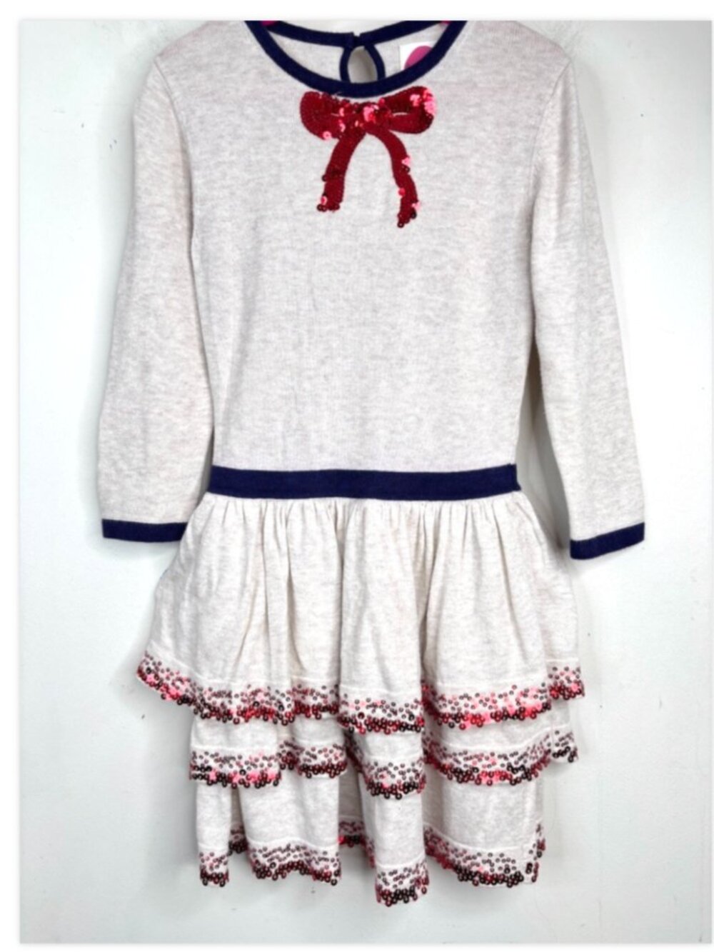 Mini Boden Tiered Ruffle Sequin Bow Sweater Dress 4-5 Sailor Christmas Valentine